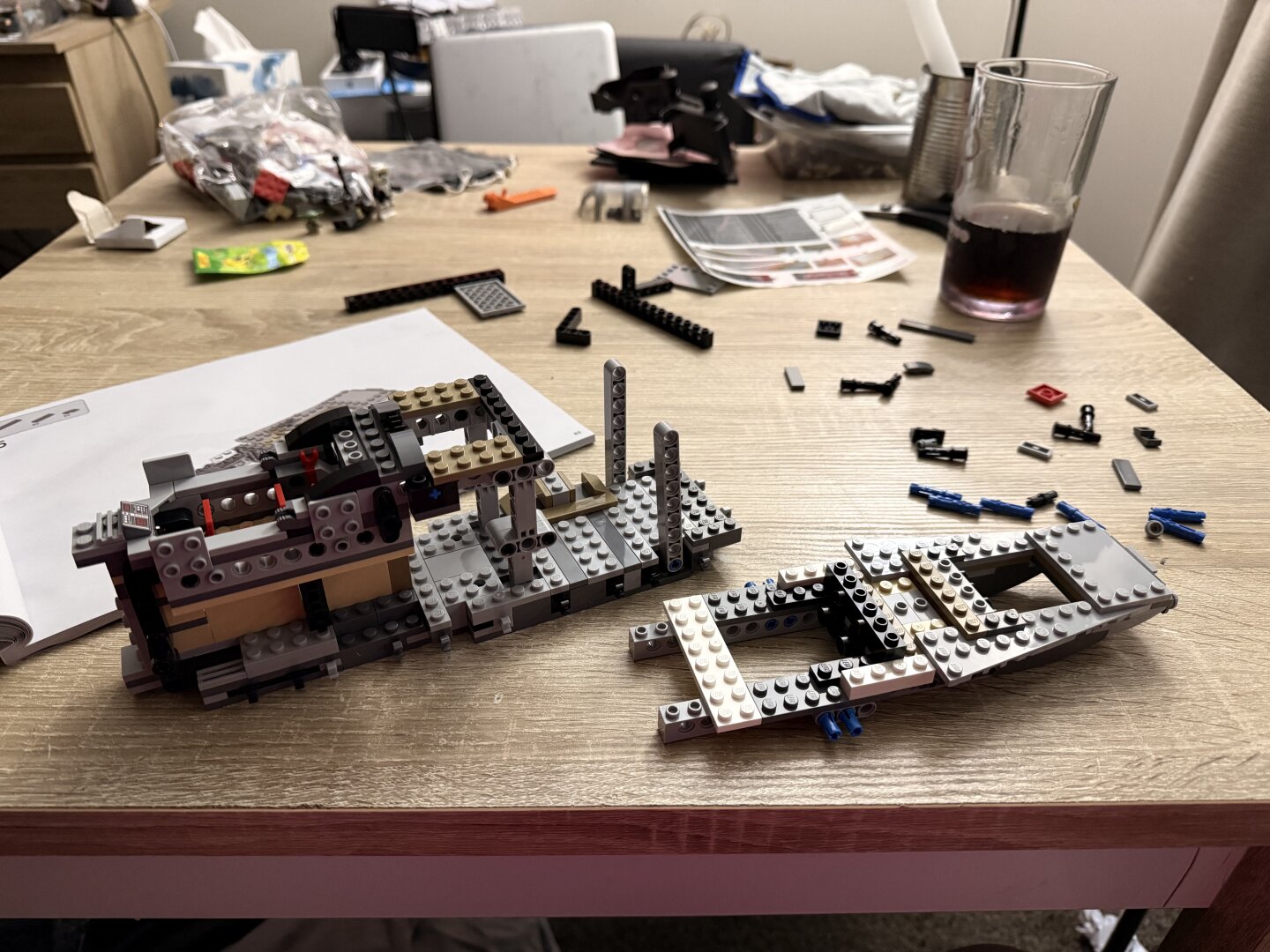 lego razor crest in a very early stage of assembly