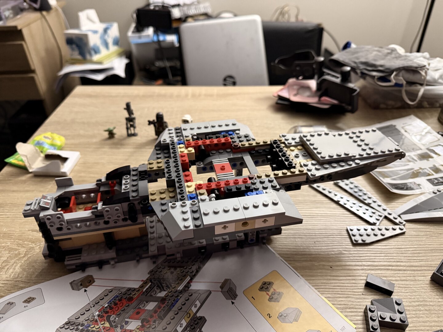 lego razor crest in a very early stage of assembly