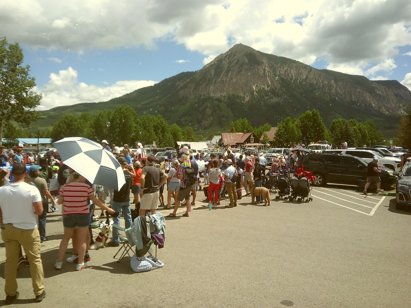 Parade of people with bubbles, a mountain in the background.
