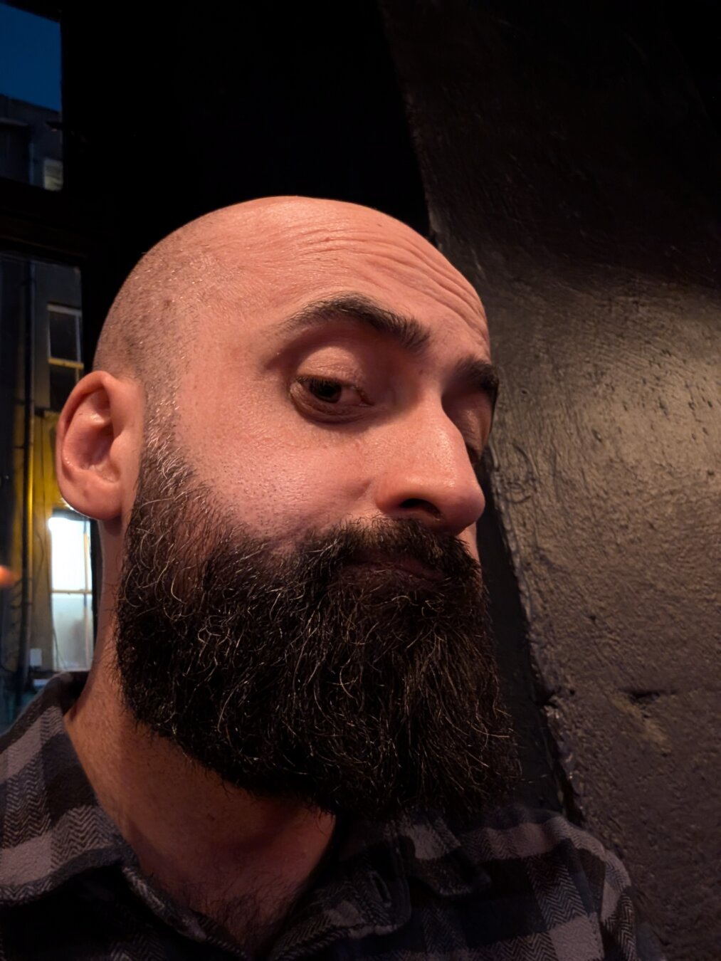 A picture of a man, with a shaved head and a thick long dark beard