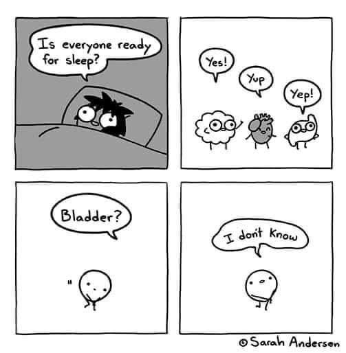 Image:
Black and white cartoon comic with four panels.  By Sarah Andersen.

Panel #1:
A woman in bed addressing her bodily organs, 