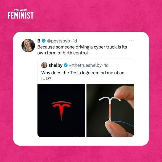 First post by shelby (@thetrueshelby) shows an image of the Tesla logo beside a picture of an IUD and says, 