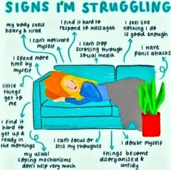 Title: 
Signs I'm struggling

Image:
Woman laying on a couch looking upset.

Text:
Signs I'm struggling:

- my body feels heavy & tired
- I can't motivate myself
- I find it hard to respond to messages
- I can stop scrolling through social media
- I feel like nothing I do is good enough
- I have panic attacks
- I spend more time by myself
- little thins get to me
- I find it hard to get up & ready in the mornings
- my usual coping mechanisms don't help very much
- I can't focus or still my thoughts
- things become disorganised & untidy 
- I doubt myself