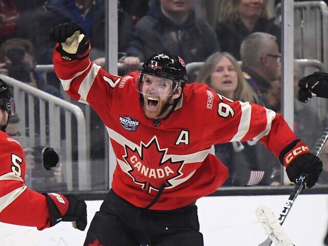 Pictured is Connor McDavid #97 from the Edmonton Oilers celebrating his game and championship winning goal at the 4 Nations Cup tonight against the US team.