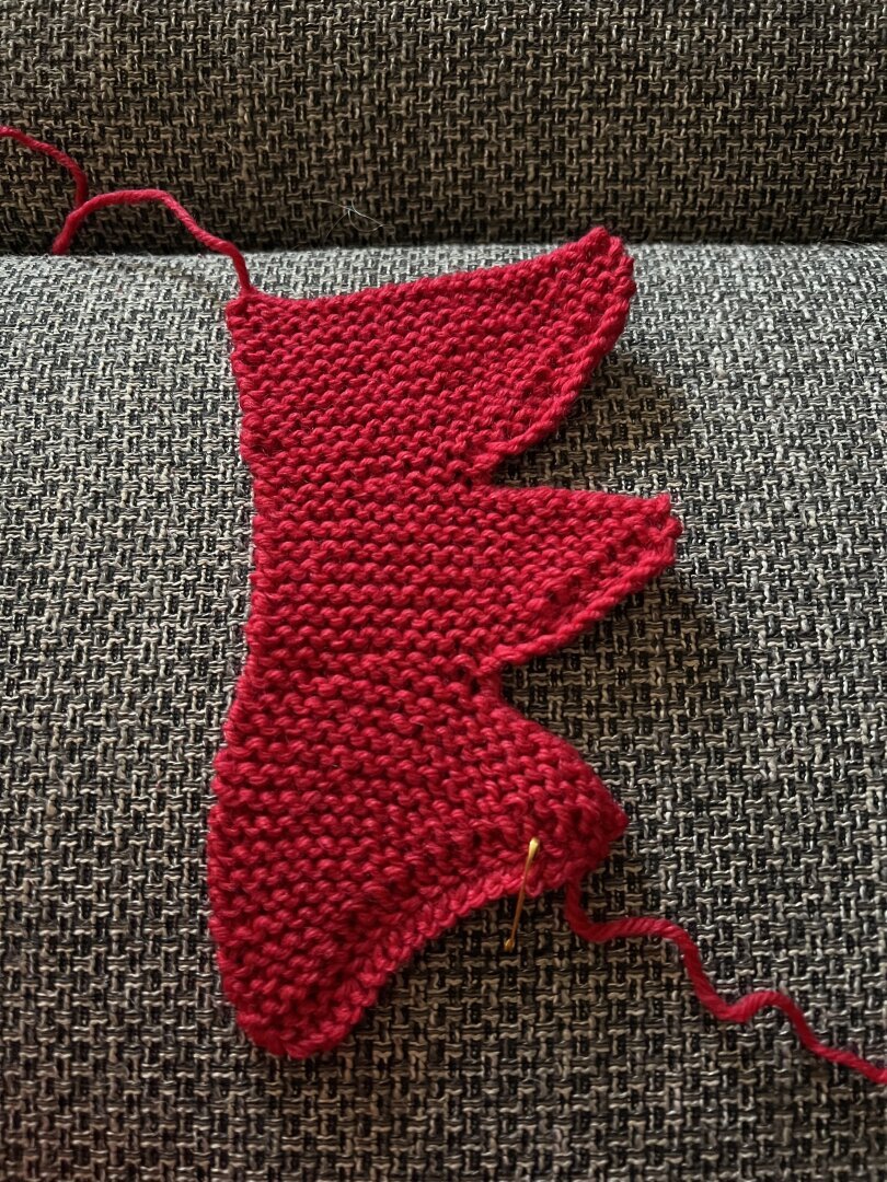 Der Bürzel mit drei Federteilen. Rote Wolle auf grauem Grund.