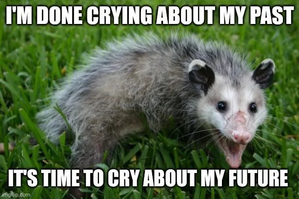 An opossum who's done crying about his past but who's ready to cry about his future