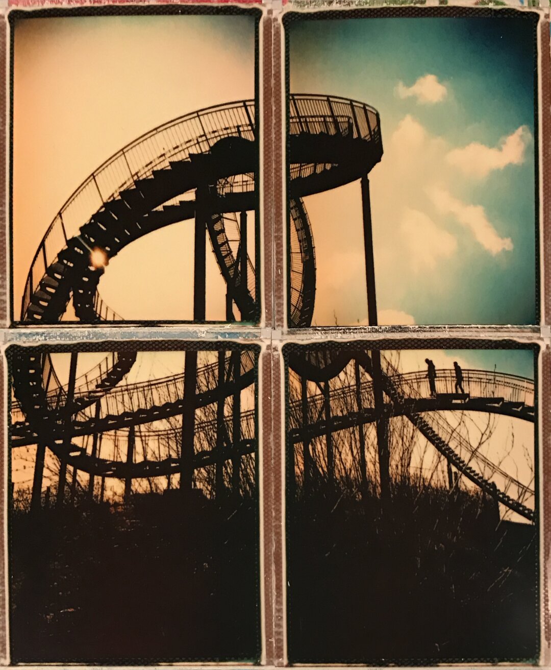 A polaroid collage of four pictures put together in a two by two grid. On the photos is an image of a metal construction called Tiger and Turtle in black silhouette against a cloudy sky.