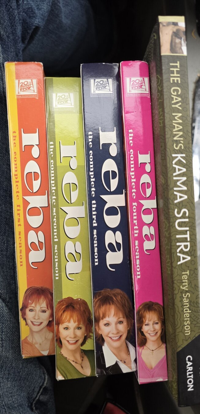 Four seasons of the Reba TV show next to a copy of the gay man's kama sutra.