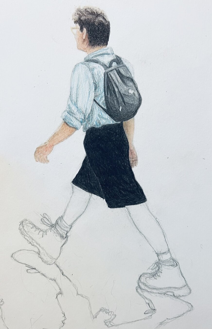 Unfinished colour pencil drawing of a man walking away from the viewer. Only the upper body is coloured.