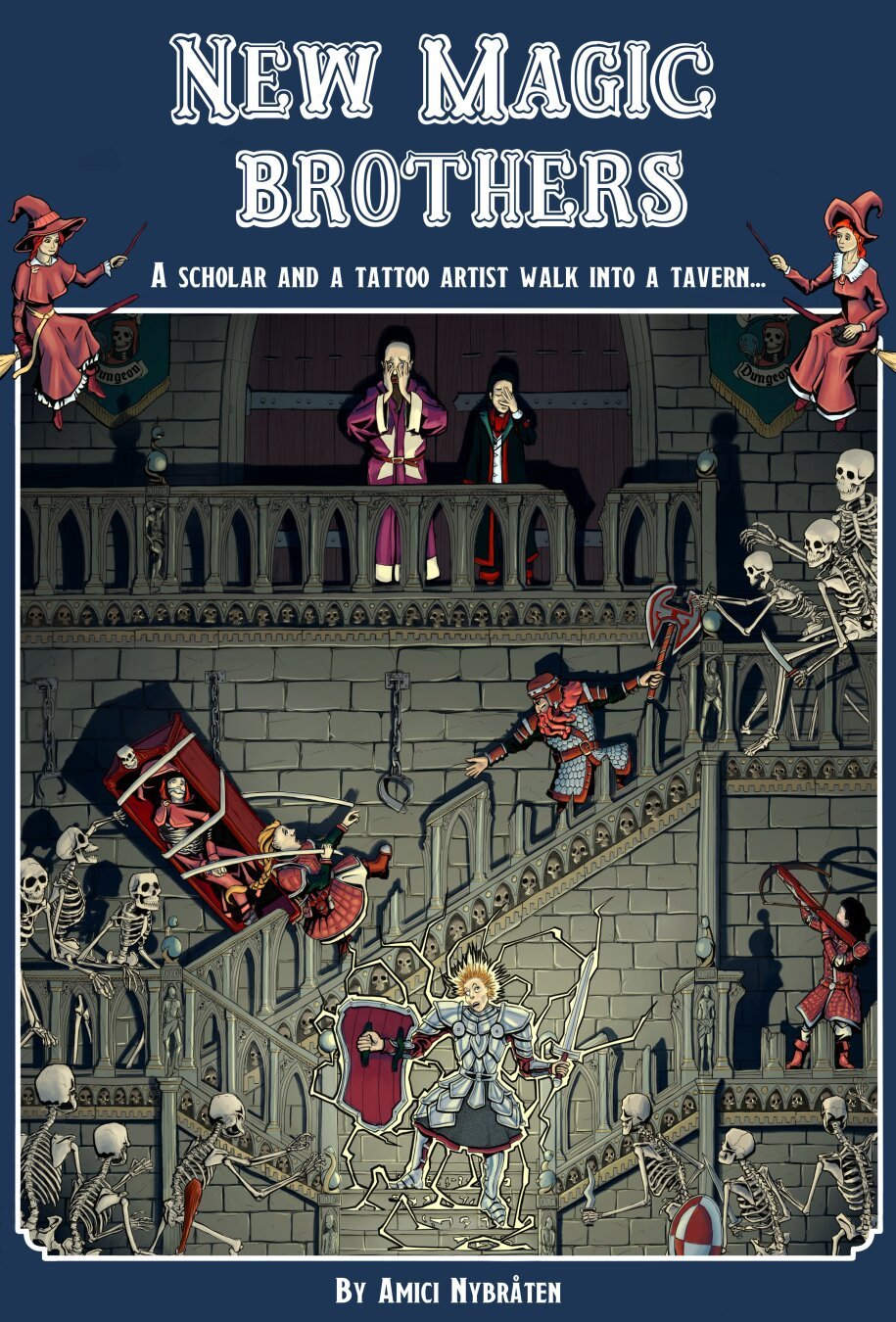 Book title: New Magic Brothers: A scholar and a tattoo artist walk into a tavern...

Art elements: witches on brooms, a party of adventurers trying to survive electrocution and being swarmed by skeletons, one of the adventurers are so annoyed with the two brothers standing on top a set of stairs that she's aiming her crossbow at them.