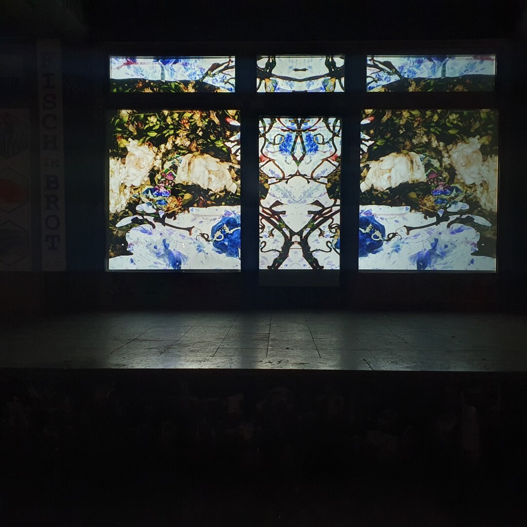 Video projection of flowers onto a shop window at nightime