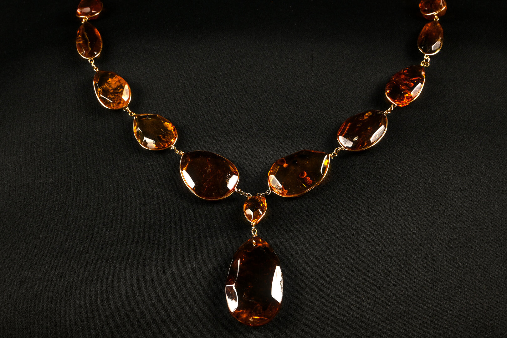 Close up of an amber necklace.