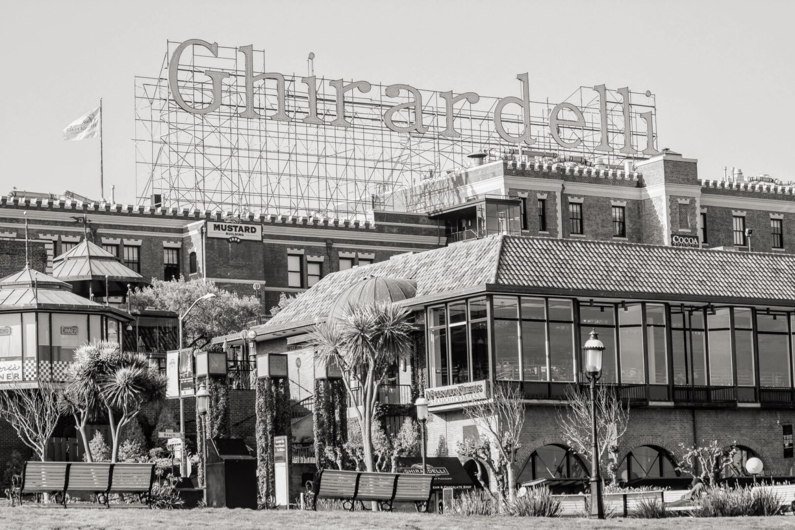 Black and white photo of the front of ghirardelli factory in San Francisco