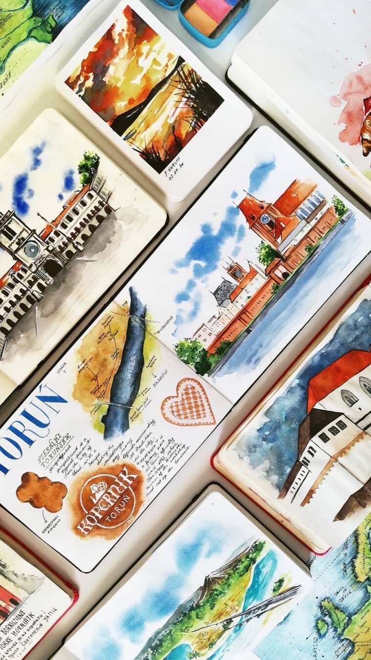 Collection of watercolor sketches from Europe: torun, Poland and Padua Italy