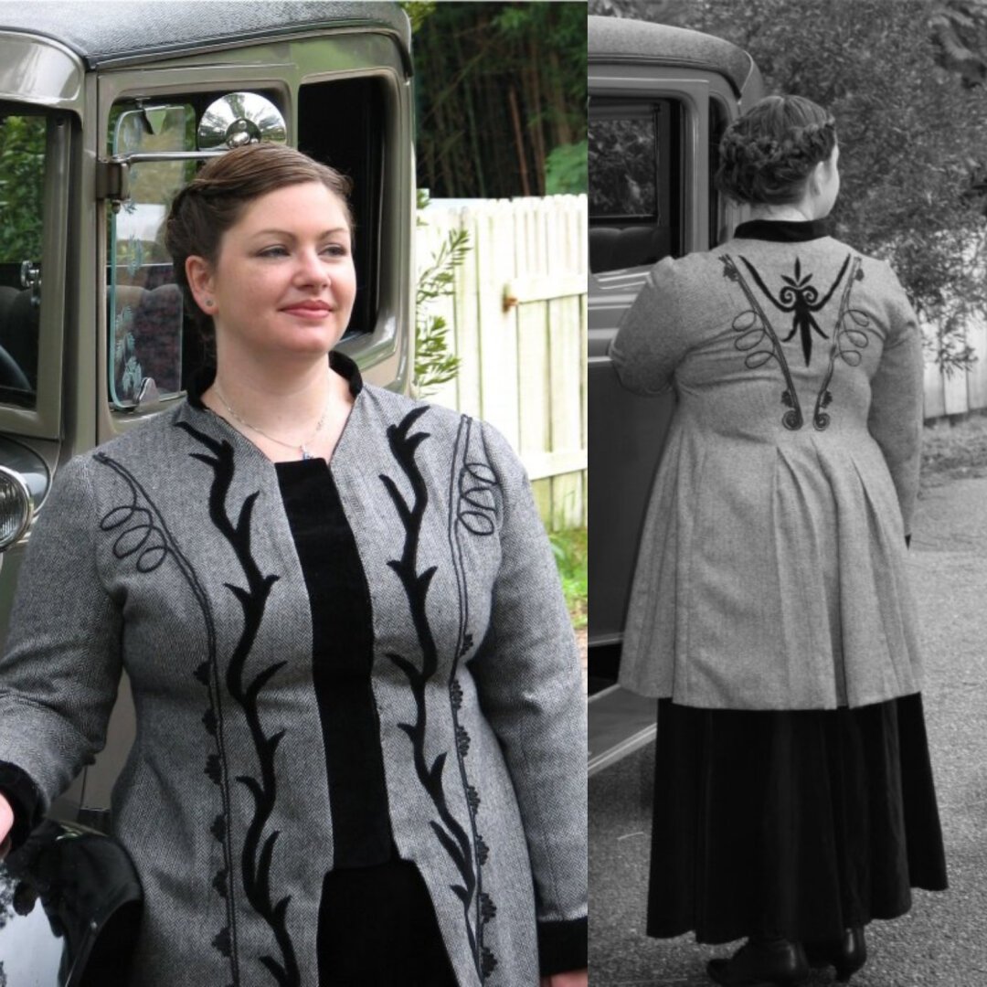 A collage of a front view and back view of me wearing a grey Edwardian jacket with intricate soutache decorations