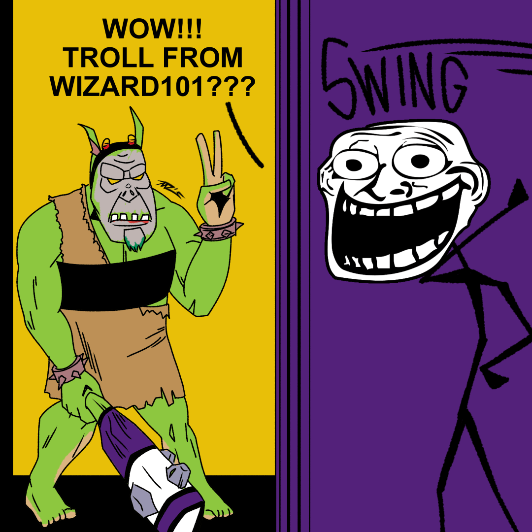“WOW!!! TROLL FROM WIZARD101???” Yells Ragecomic troll as he opens the door to the green troll from Wizard101 in homestuck troll cosplay. Troll Cubed.