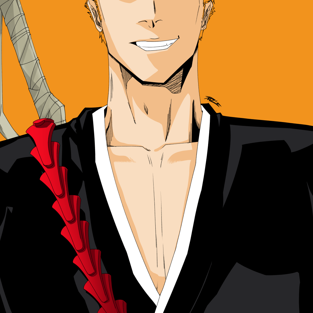 A zoomed in drawing of Dad Ichigo Kurosaki in his shinigami shihakusho. His chest fills up the bottom half of the frame. Zangetsu’s handle sticks off from his shoulder by his red sash. He has a cocky grin, but his eyes are just out of frame.