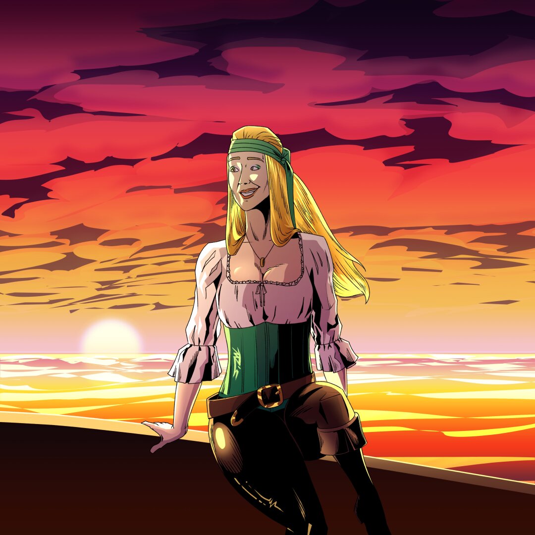 A straight-haired ginger woman in a pirate costume sits on the edge of a boat looking over her shoulder towards the sunset in the background. The clouds are purple and the sea is bright with reds, yellows and oranges. Her costume features a green headband and corset, a lowcut poofy shirt and brown leather pants, boots and a thick belt.