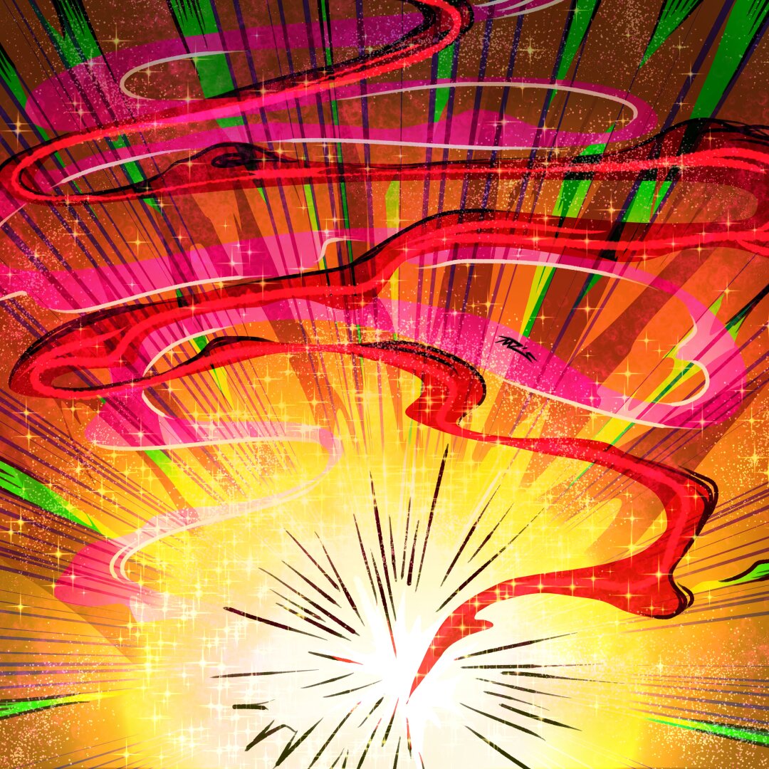 An explosive spooky rainbow of color, sparkle and stars. Some elements have accents of white or black ink. It’s crazy.