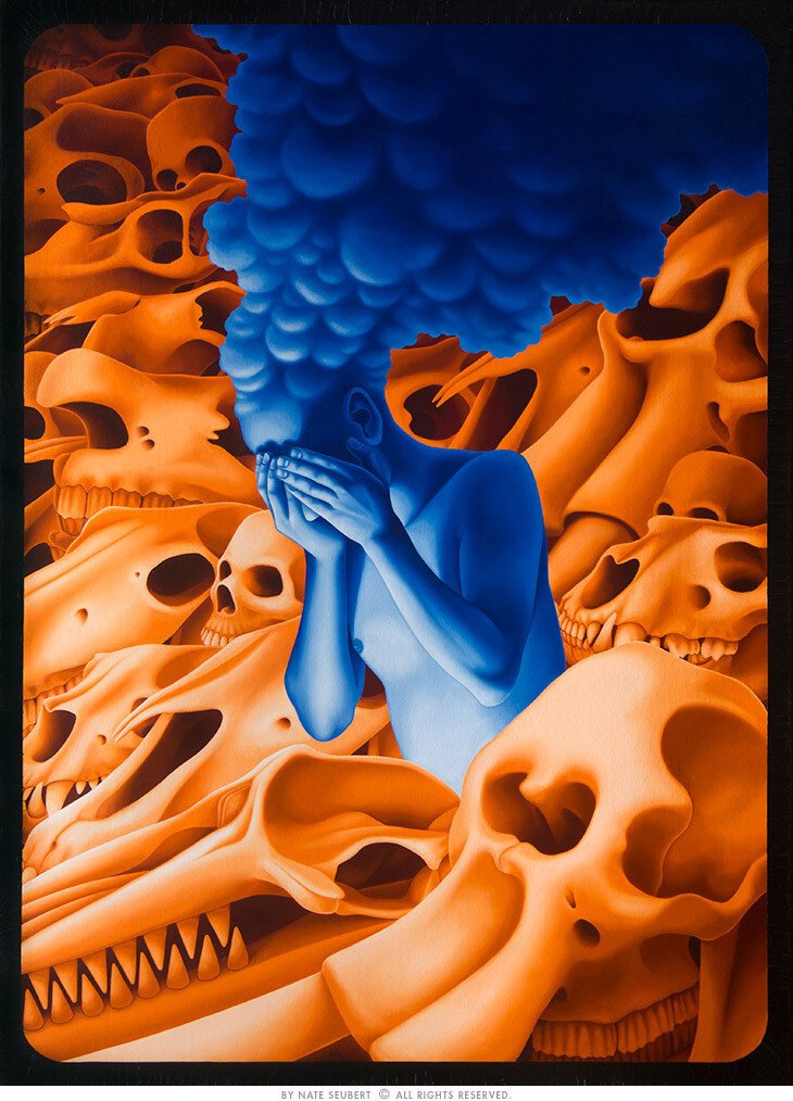 Oil painting of a man in shades of blue, covering his face in sorrow, as his head turns into billowing smoke. He is completely surrounded by skulls of various kinds of animals, all in bright, warm tones.