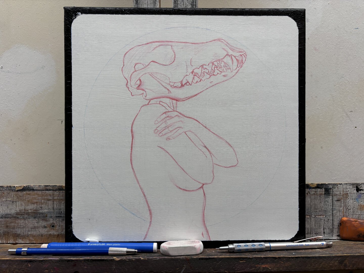 Initial drawing for an oil painting of a woman with a large coyote skull as a head. Her arms are clasped across her chest. A full moon is behind her.