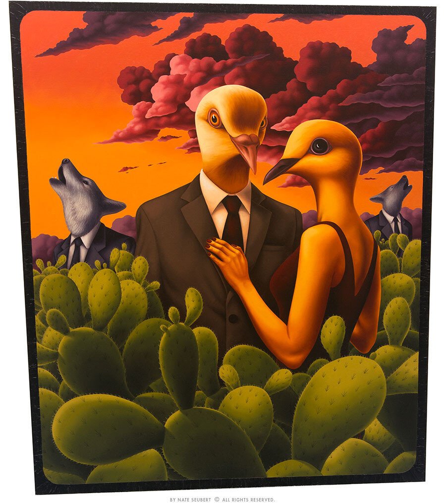 An oil painting  on a rhomboid canvas of a well-dressed humanoid couple with the heads of different kinds of doves. They are in the middle of a patch of prickly pear cacti. Behind are a pair of men in suits with wolf heads, howling. The sky is at sunset, storm clouds are blowing in.