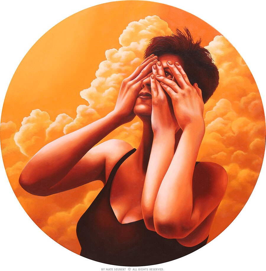 A round oil painting in bright, warm colors of a woman with 3 arms, the hands cover her face. The fingers on one hand are splayed so she can see, ever so slightly.  A bank of clouds lies behind her.