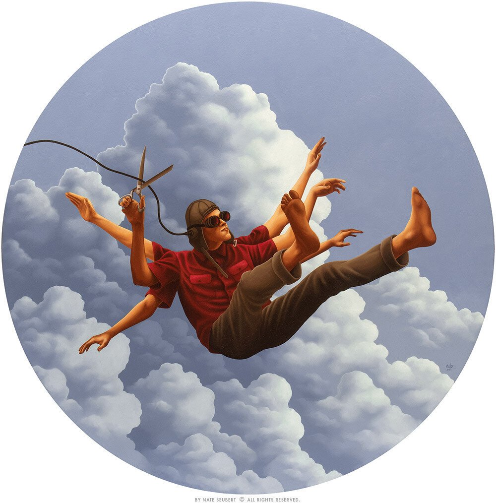 Oil painting of a man in goggles, a red shirt and grey pants, floating in mid air, bare feet pointed upward. He appears to have 6 arms, 5 of which are in various stages of flapping. The 6th holds a pair of scissors, poised to cut the cord that trails from a plug in the old time aviator headgear he wears. A bank of clouds lies behind him.