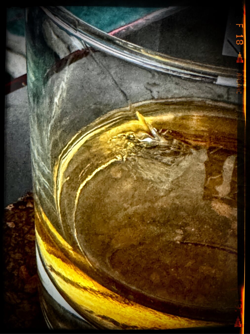 Oblique angle photograph of a glass of Canadian whisky in a glass with a small ice cube. The image is contrasts and primarily golden in color.