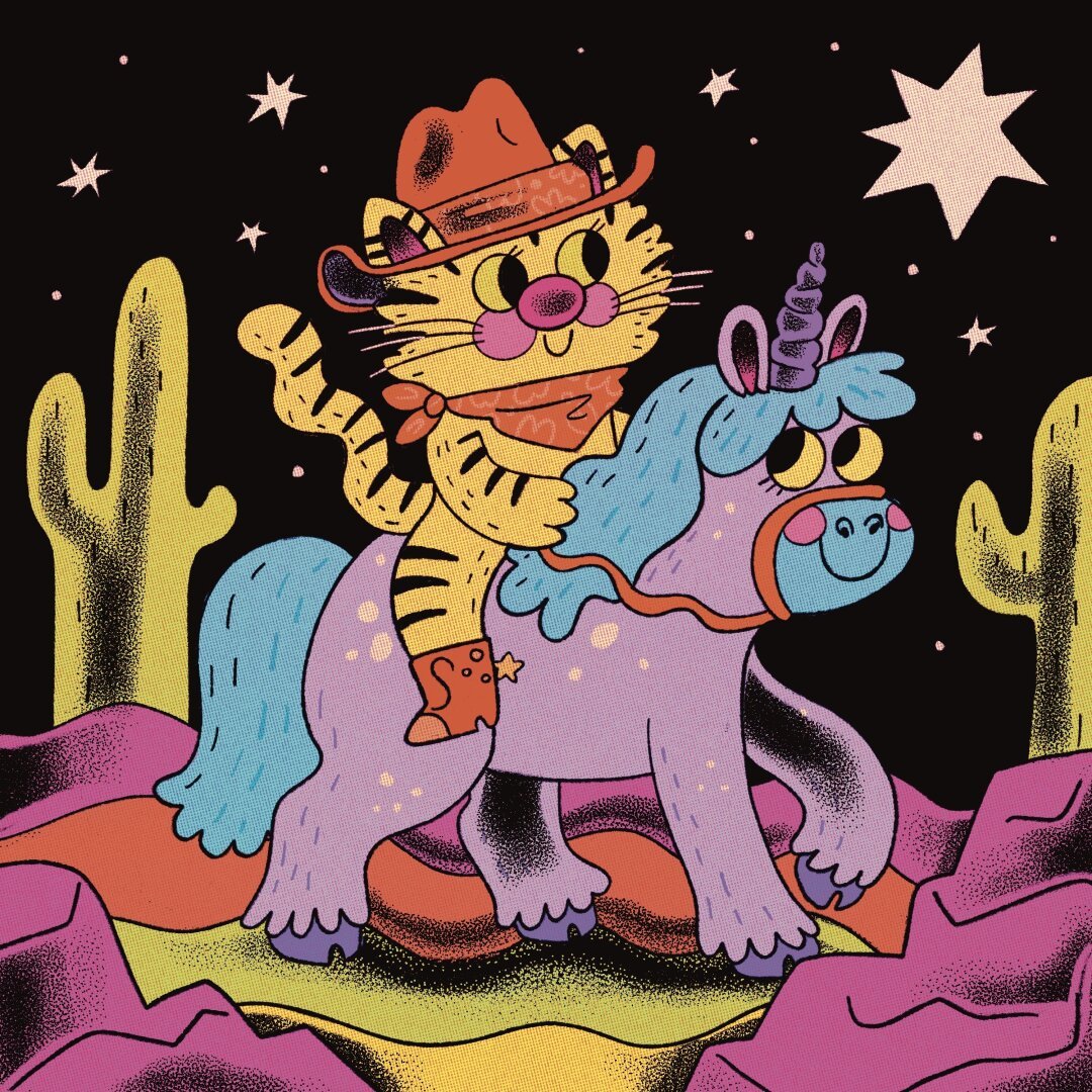 A yellow cowboy cat riding a purple unicorn