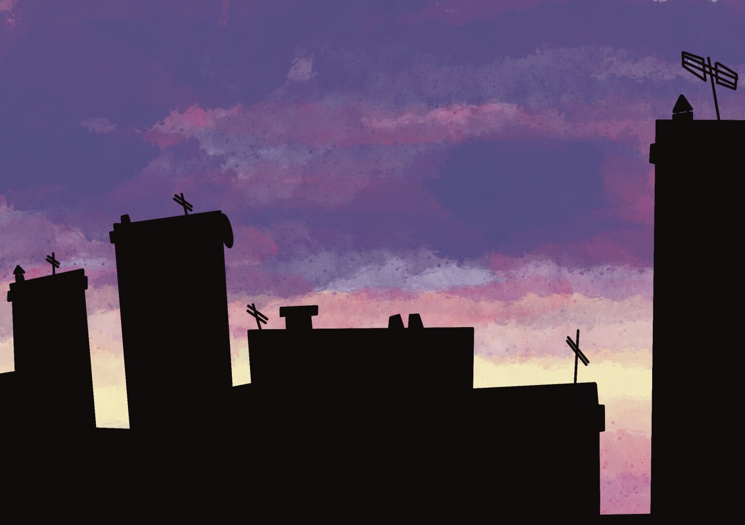 Dessin numérique représentant un coucher de soleil : on voit un dégradé de couleur dans les nuages allant du violet au jaune. Des bâtiments de ville type immeubles sont aussi visibles en contre jour en noir.