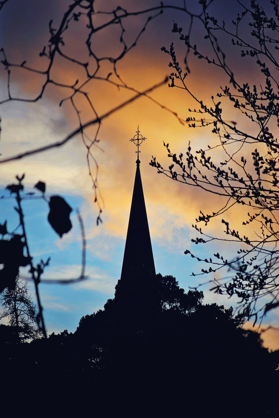 A silhouette of a church steeple topped with a cross stands against a vibrant sky with hues of orange, yellow, and blue, framed by dark, bare tree branches in the foreground. A silhouette of a church steeple topped with a cross stands against a vibrant sky with hues of orange, yellow, and blue, framed by dark, bare tree branches in the foreground.