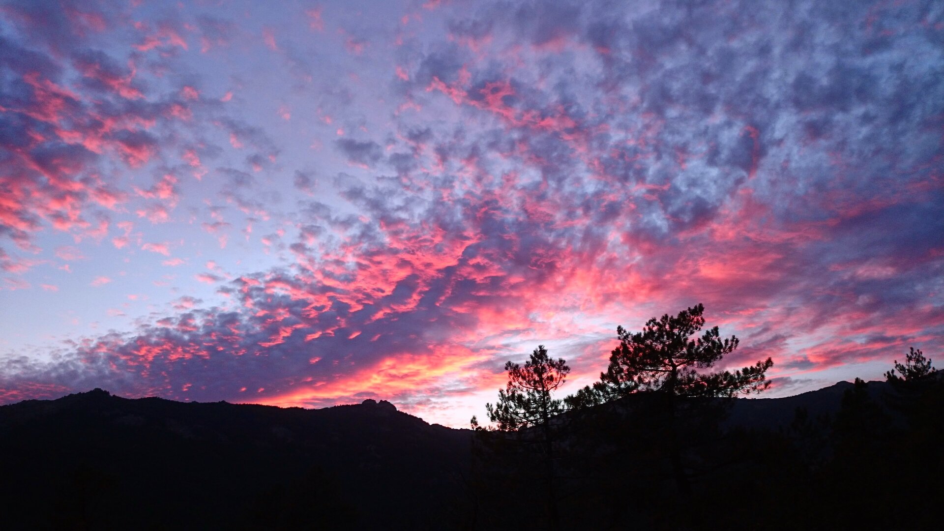 A vibrant sunset paints the sky with dramatic hues of pink, orange, and purple clouds, contrasting with the dark silhouettes of mountains and pine trees in the foreground. The lower sky transitions from a soft blue to a warm, fiery glow where the sun has just set, illuminating the textured clouds above. A vibrant sunset paints the sky with dramatic hues of pink, orange, and purple clouds, contrasting with the dark silhouettes of mountains and pine trees in the foreground. The lower sky transitions from a soft blue to a warm, fiery glow where the sun has just set, illuminating the textured clouds above.