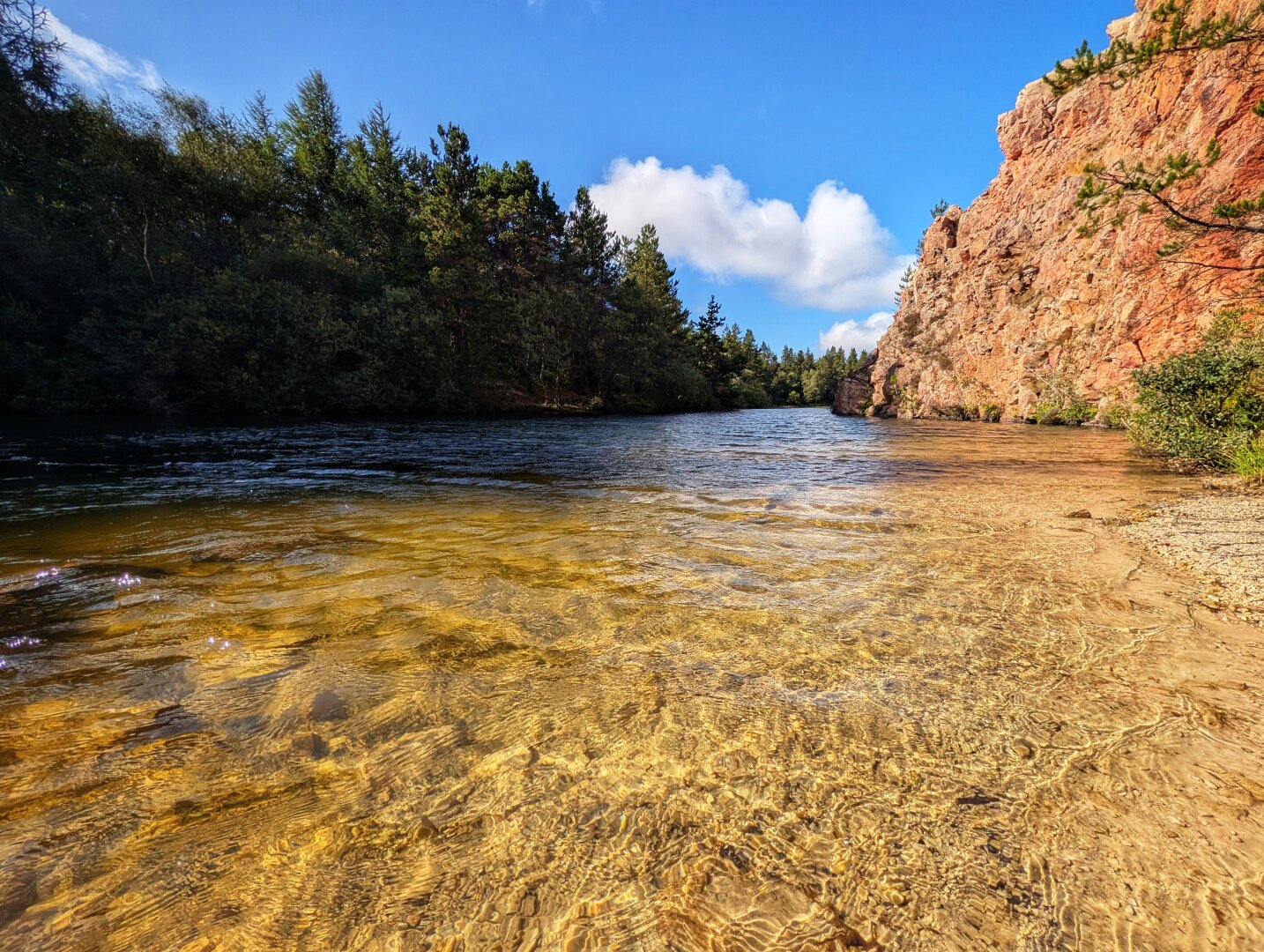 A low-angle, wide shot across the crystal-clear, sunlit shallows of a flooded quarry lake. The sandy and stony lakebed shows intricate ripples of golden light beneath calm water. To the right, a sheer, craggy cliff face rises in warm shades of orange, terracotta, and pink rock. On the opposite shore to the left, dense, dark green pine woodland lines the perimeter under a bright blue sky dotted with soft white clouds.