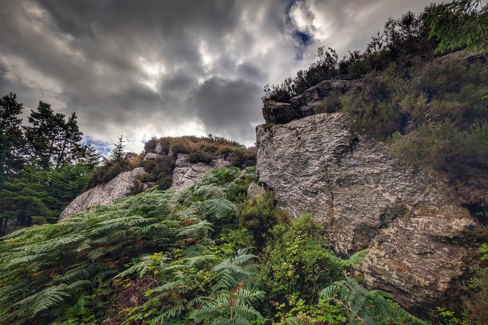 Low-angle shot looking up at rugged, textured grey rock crags emerging from a hillside covered in lush green bracken ferns and low heather shrubs. A stand of dark evergreen trees sits on the far left. Above, a dramatic sky filled with thick, swirling grey and white storm clouds lets small patches of faint blue peak through, creating a moody, atmospheric upland scene.