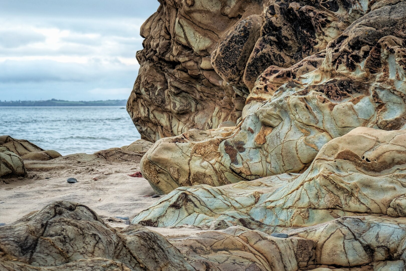 A close-up photograph of a weathered rock formation on a sandy beach beside the sea. The smooth, rounded rock on the right resembles the head and snout of a sleeping dog resting on the pale sand. The stone displays pale seafoam green and buff tones, marked with warm ochre and reddish-brown mineral veins that trace natural cracks. In the soft-focus background, calm grey-blue seawater stretches toward a low headland under an overcast, pale blue and cloudy sky. The lighting is soft and natural, evoking a quiet, contemplative coastal atmosphere.