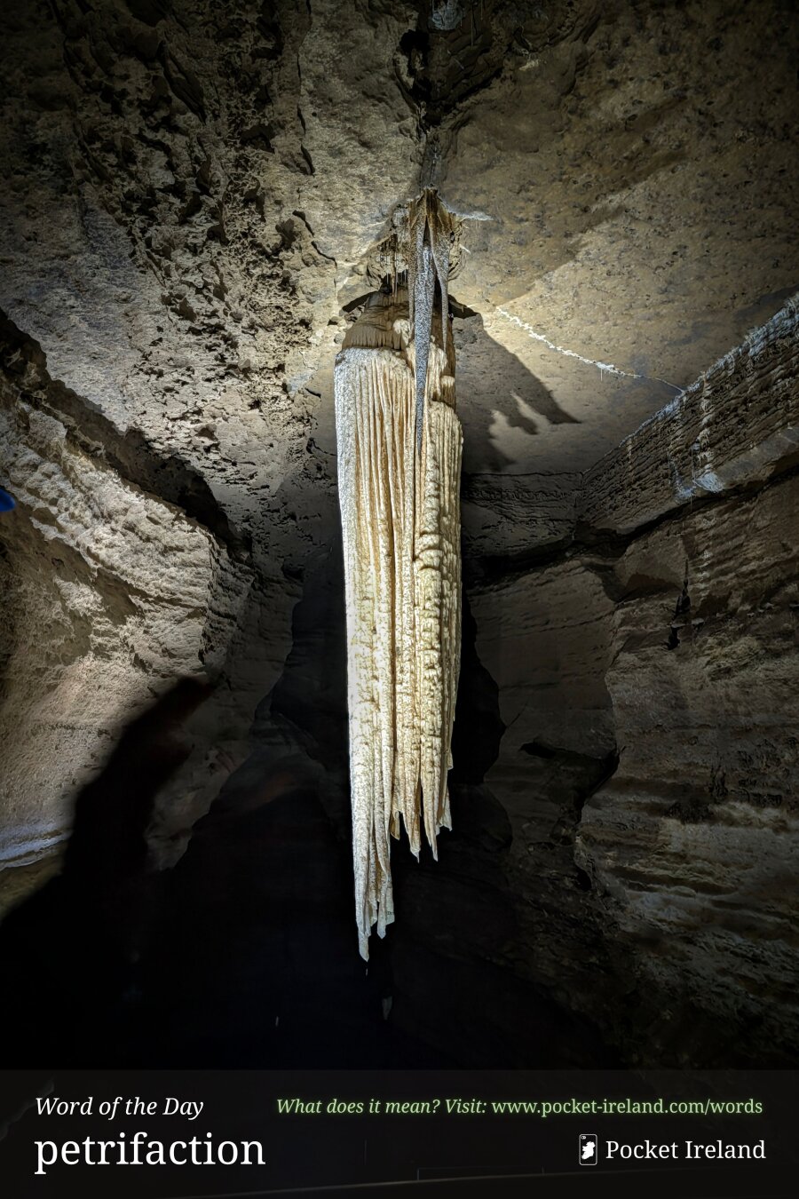 A dramatic subterranean cavern where a massive, fluted stalactite hangs suspended from an arched limestone ceiling. Uplighting reveals the mineral formation's creamy, ribbed texture and cascading folds, resembling heavy drapery tapering into delicate, serrated points. The surrounding rugged rock faces and deep cavernous shadows frame the pendant, with stark crevices and stratified stone illuminated against the deep subterranean dark.