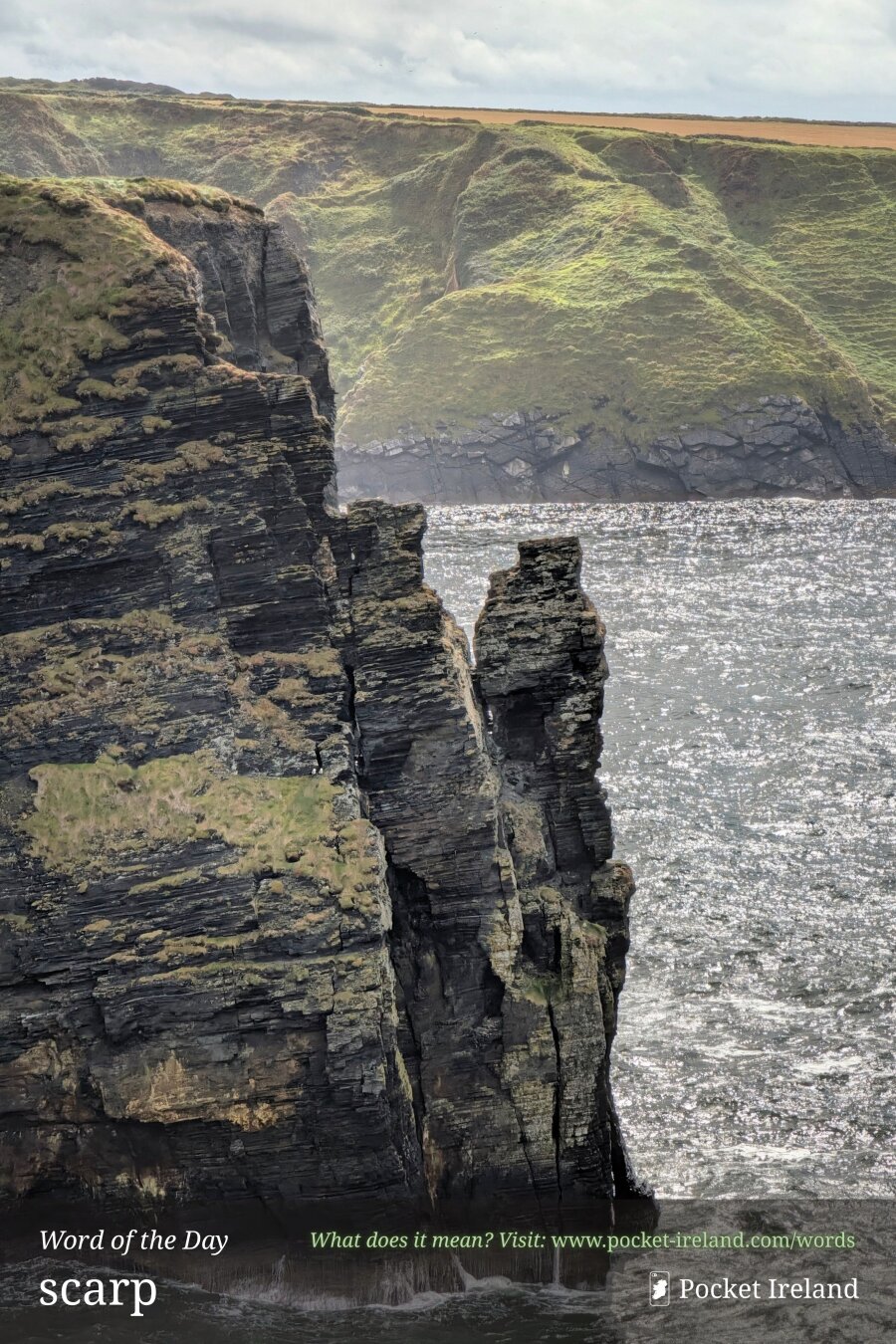Towering, dark coastal cliffs carved with deep horizontal strata rise vertically from a churning ocean. A jagged, chimney-like sea stack stands detached against the sheer cliffside, fringed with tufts of windblown grass. Across the narrow bay, rolling emerald headlands bathed in diffuse sunlight plunge into sparkling water that shimmers under a cloudy, pale sky.