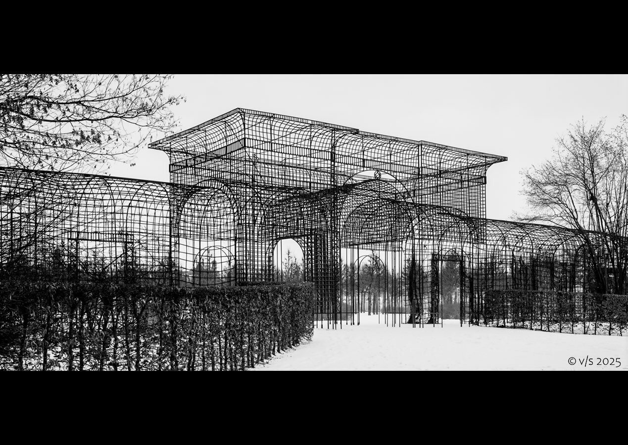 Laubengang im Schlosspark Schwetzingen im Winter. Ohne Bepflanzung