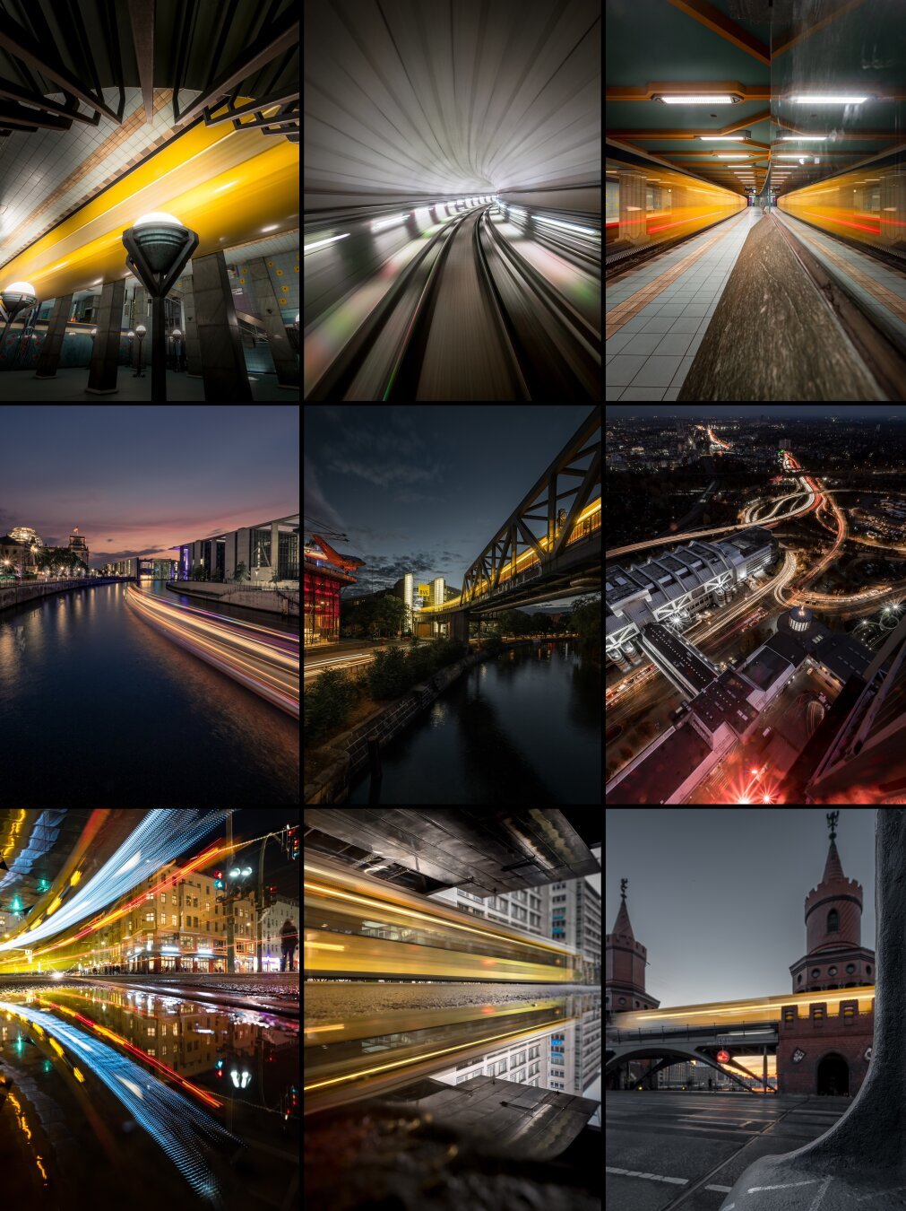 The composition consists of nine individual photographs, all capturing urban transportation with a focus on movement and speed. Several images feature yellow subway or commuter trains in motion, either inside tunnels, on bridges, or at stations. Long exposure creates streaks of light that emphasize the dynamism of the scenes. Other images depict illuminated streets, bridges, and waterways, with the passing lights of trains or boats. Some perspectives are taken from a low-angle view, while others are from a bird’s-eye perspective, showcasing the diversity of city architecture and traffic flow.