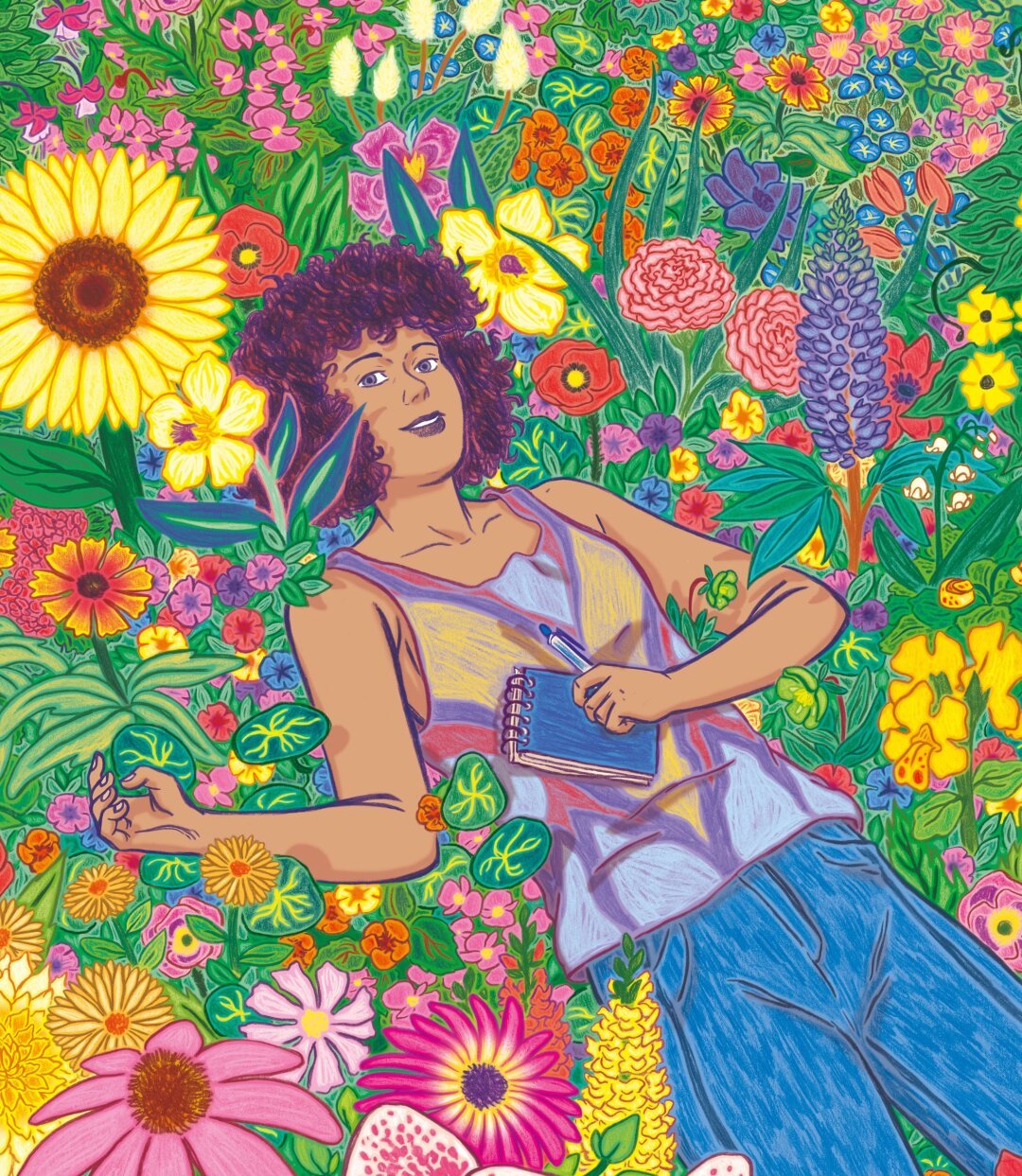 This illustration was drawn for the cover of the graphic novel 'Comme une fleur', which will be released in march 2025. Églantine, the main character, lies in a field teeming with colorful flowers. She looks at us while holding a notebook and a pen. The field is full of different flowers that will be seen in the story, such as sunflowers, lupine, daisies and gaillardia. The drawing was made in black pencil and digitally colored.