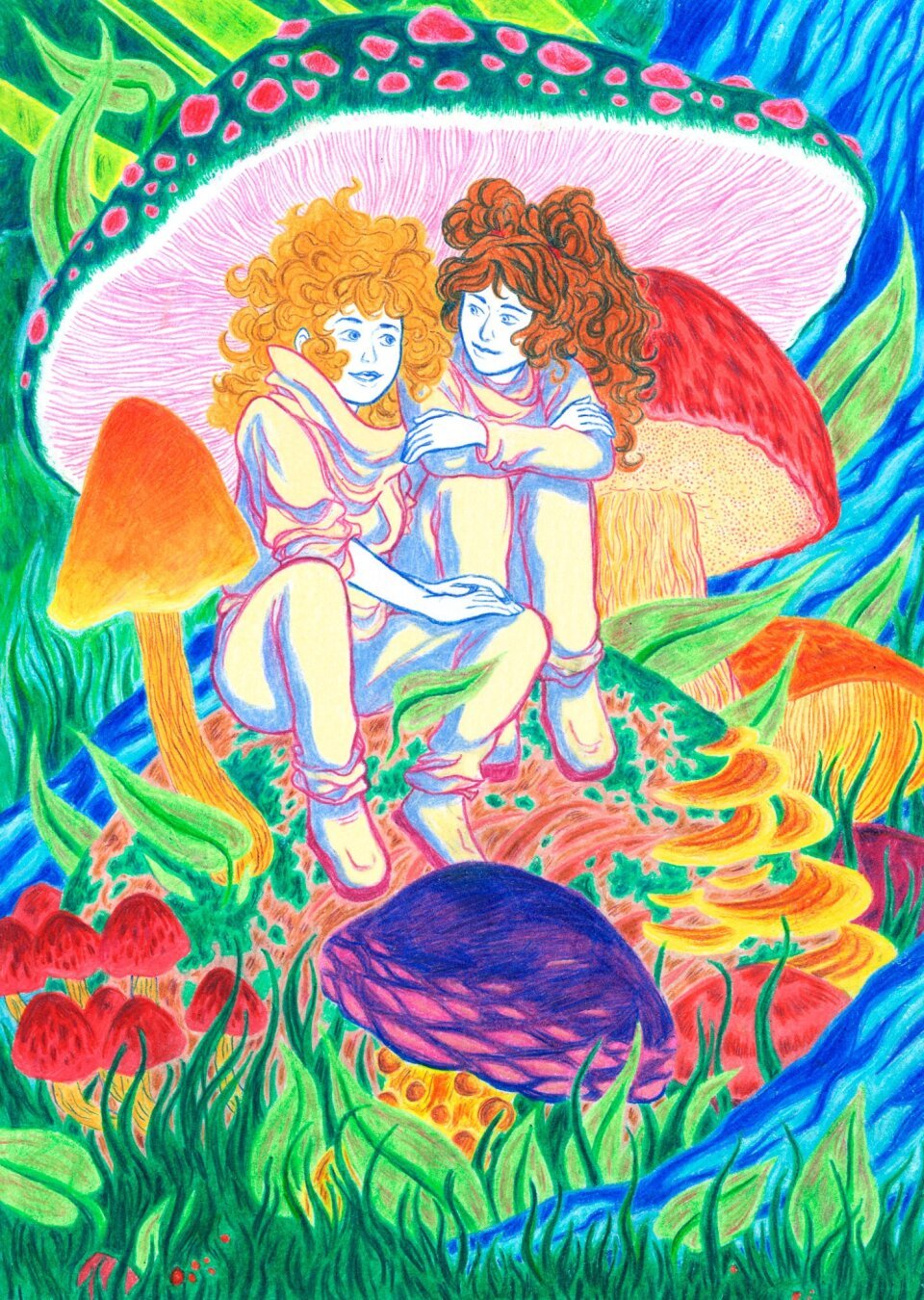 Colored pencil illustration showing two women sitting under a giant mushroom with a red, spotted cap. They are surrounded by dense vegetation, mushrooms of various shapes and colors, and intertwined grass in a colorful world of green, red, and yellow tones.