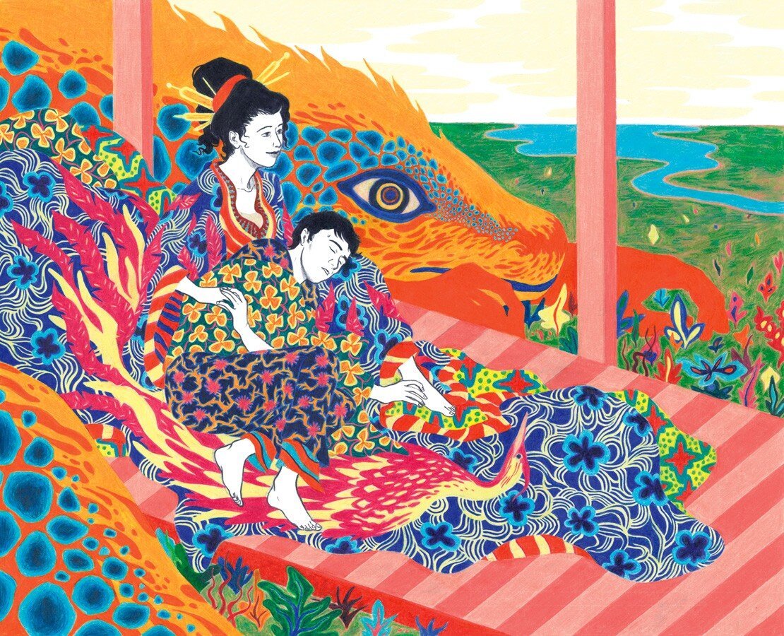 This is a color pencils illustration with two characters at its center. They are wearing large kimonos with a lot of colored patterns. They are sitting in a japanese house, the men sleeping on the lap of the woman. There is also a big dragon sleeping around them.