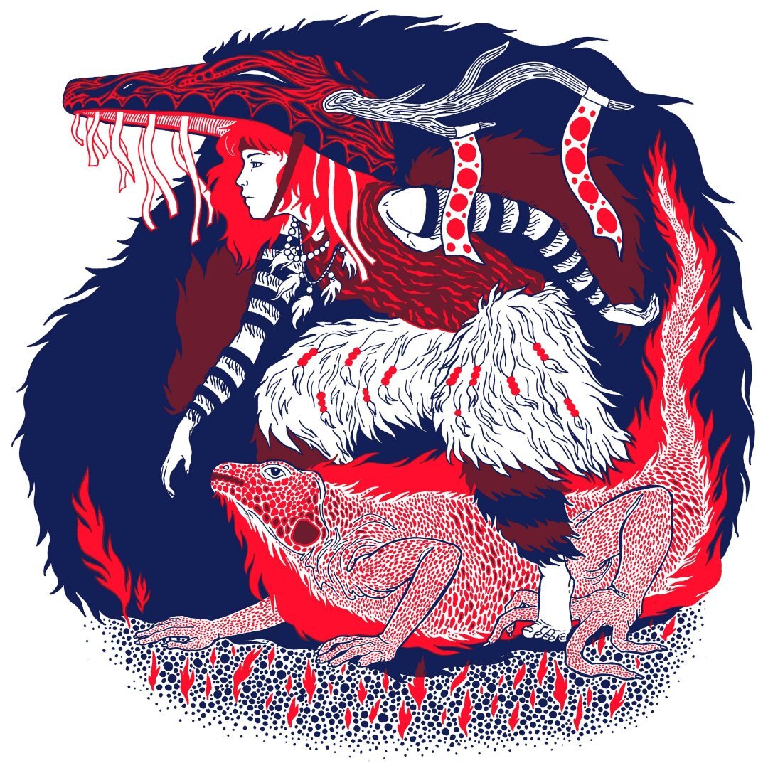 Illustration in two colors destined to be printed in silkprinting in red and dark blue. It's depicting a woman wearing a horned animal skull as a headdress, adorned with feathers and jewelry. She is dancig over and with a large, stylized lizard, surrounded by flowing shapes resembling fur and fire, creating a dynamic and mysterious atmosphere.