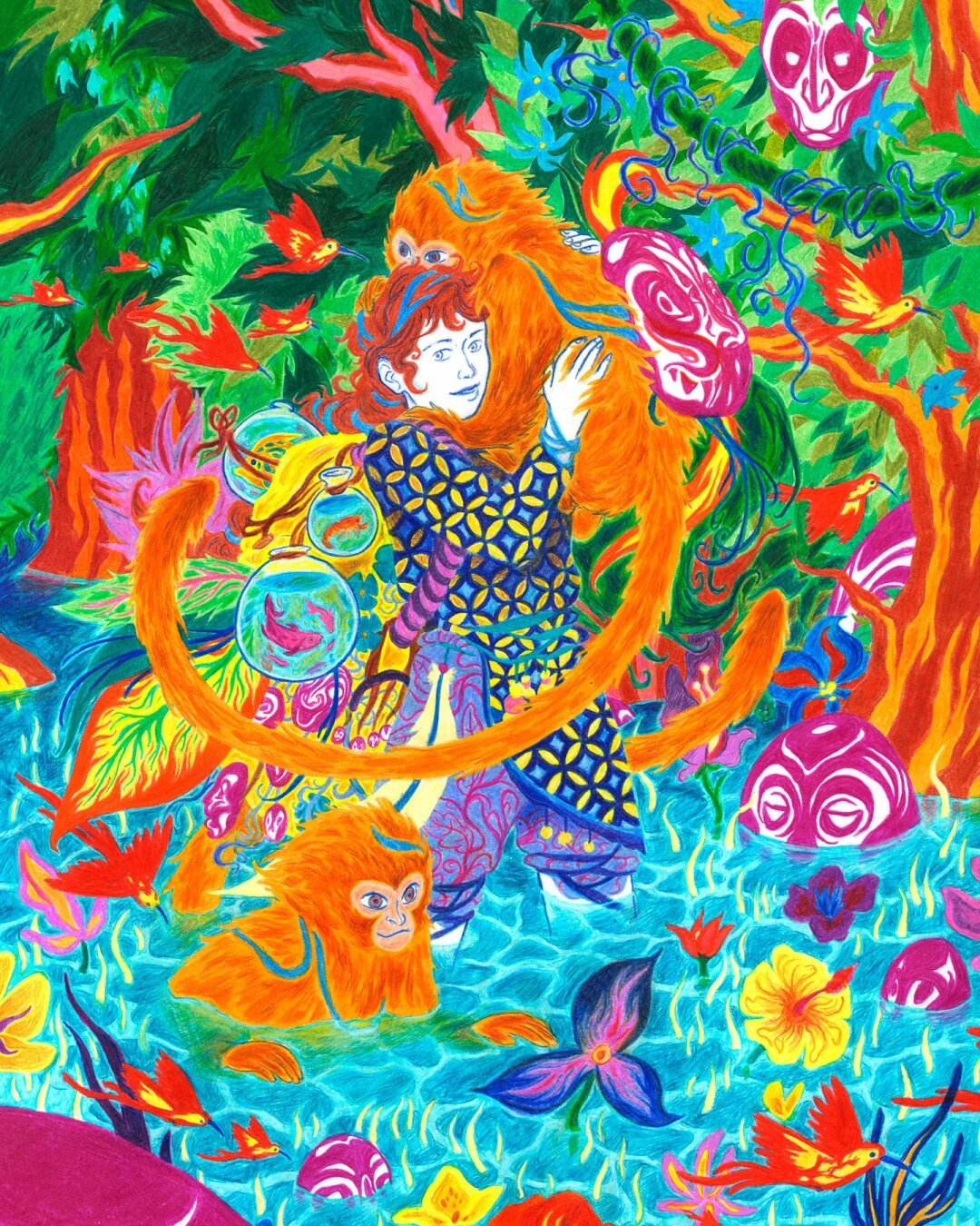 Illustration made with colored pencils depicting a fantastical scene in a vibrant jungle. A woman with red hair holds a golden-orange monkey in her arms, while another monkey swims in a river. The composition is filled with leaves, flowers, birds, and patterns in shades of green, blue, red, and orange, with pink masks hanging from the trees.