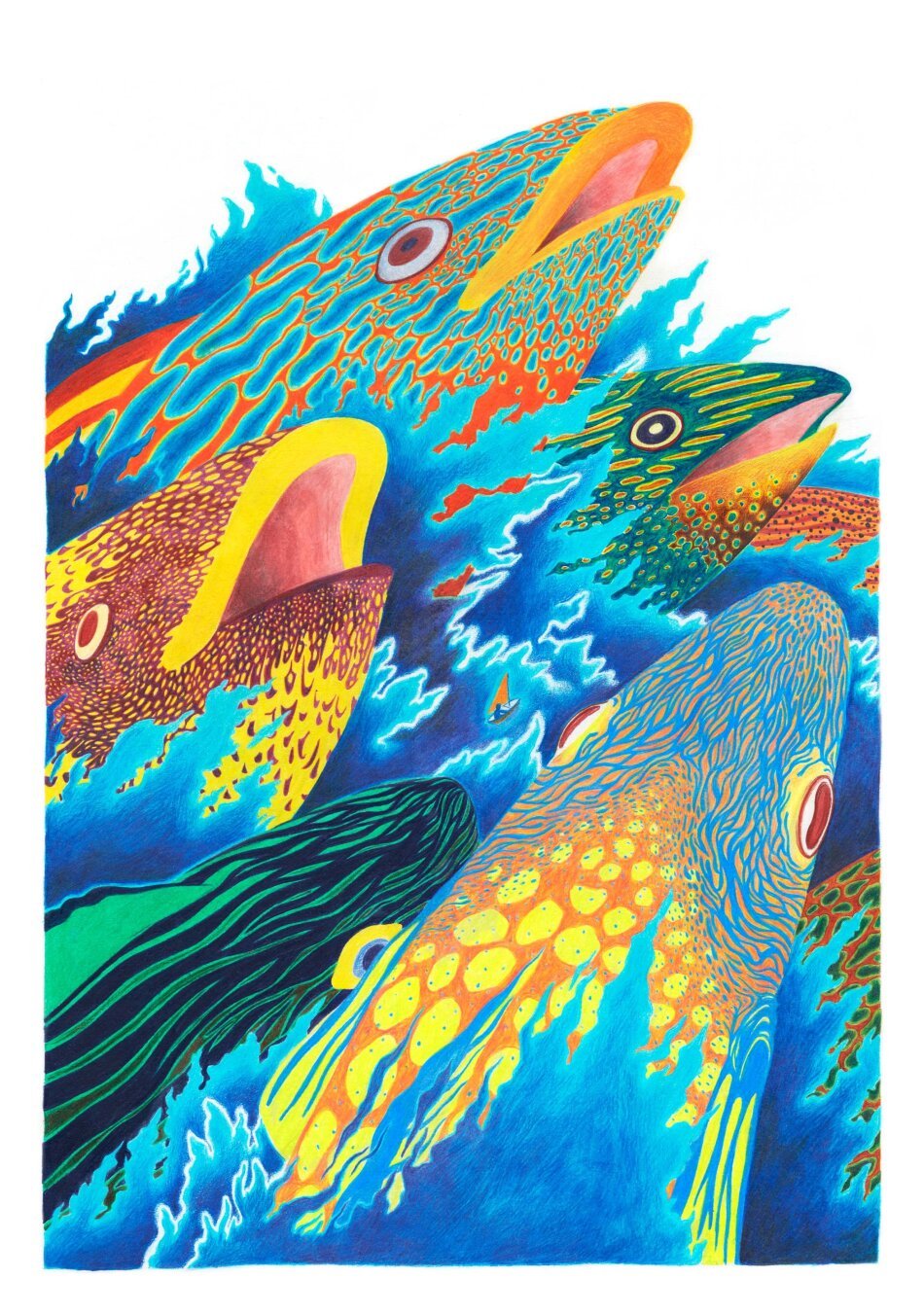 This is an illustration created with colored pencils depicting a group of giant fish leaping out of the water, where a tiny boat is sailing. The waves caused by this movement are so massive that they create a storm, challenging the sailor. The fish feature detailed and colorful patterns in shades of yellow, orange, green, and blue, contrasting with the dynamic shapes of the turquoise blue waves.