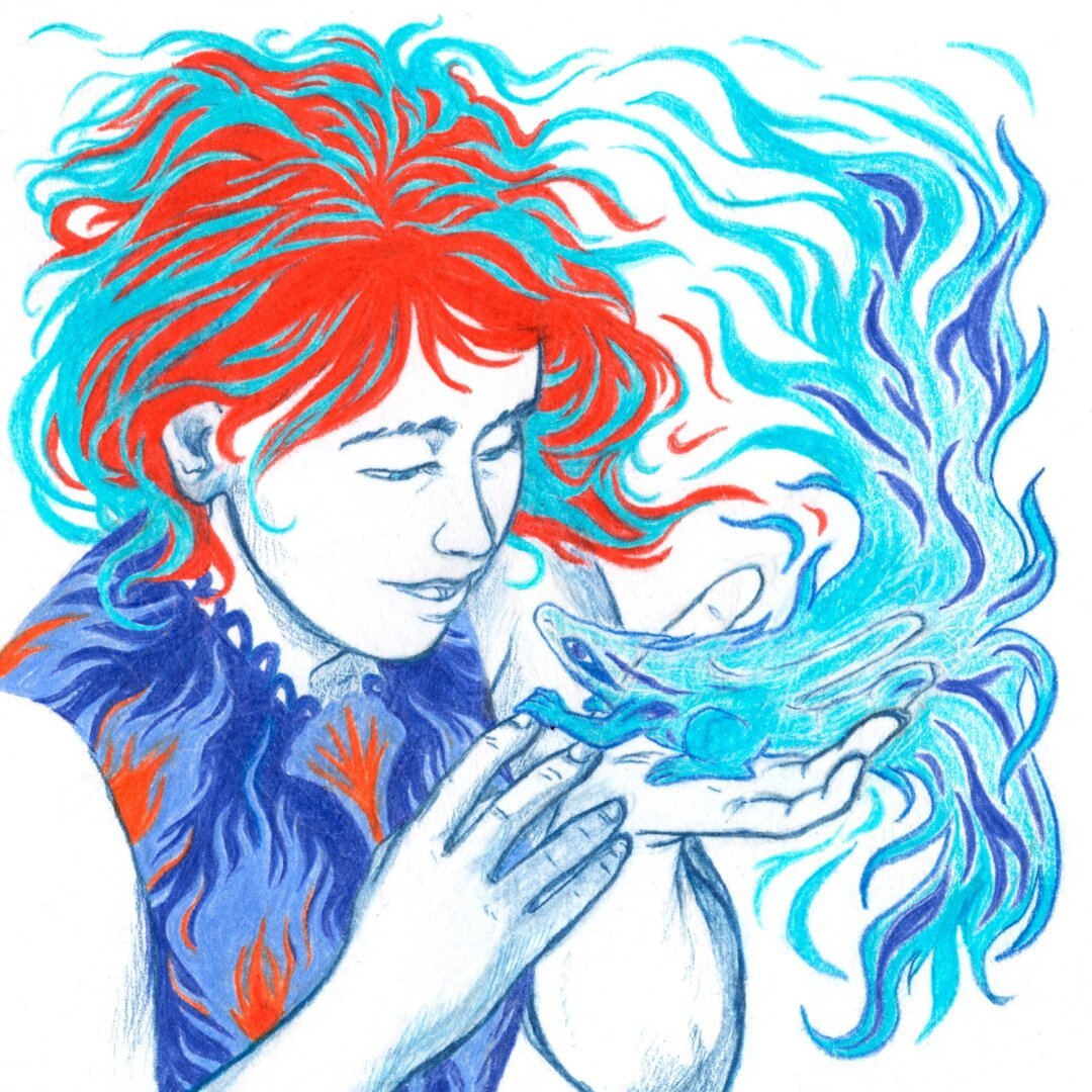 This illustration created with colored pencils depicts a woman gently smiling as she holds a blue salamander in her hands. Her hair, made of long, wavy, and fluid shapes in blue and red tones, extends around her, framing the scene.