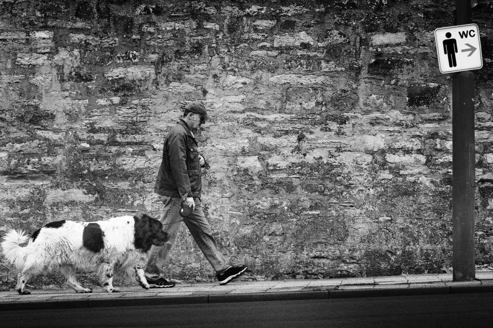 a man is walking his dog in the city. they walk up to a lamppost with a sign for a men's restroom and you wonder who is leading whom to a place to urinate :)