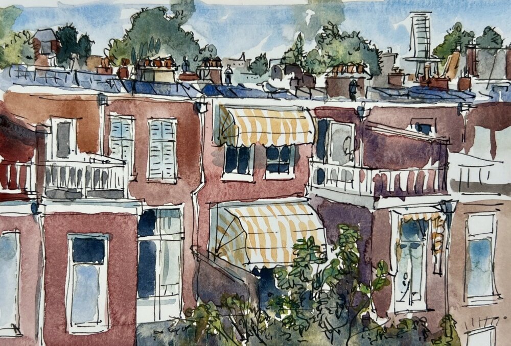 A loose pen drawing with watercolors depicting the skyline of a street in The Hague, Netherlands. Red brick houses, green trees, and a blue sky.