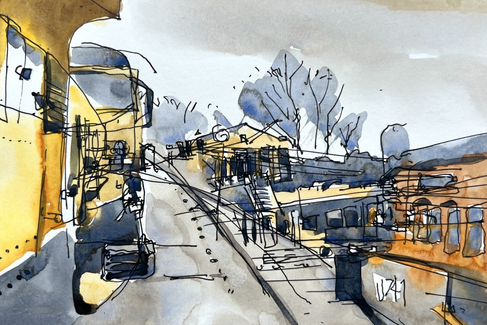 Trains on a marshalling yard. Line art with watercolour.